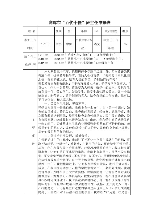 “百优十佳”班主任申报表