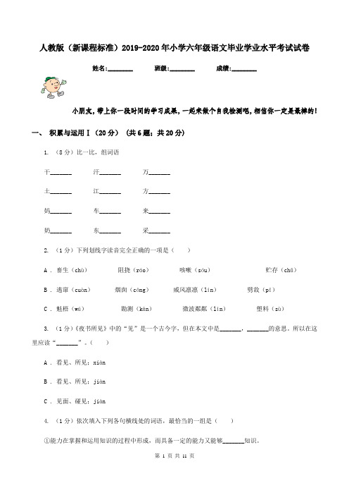 人教版(新课程标准)2019-2020年小学六年级语文毕业学业水平考试试卷