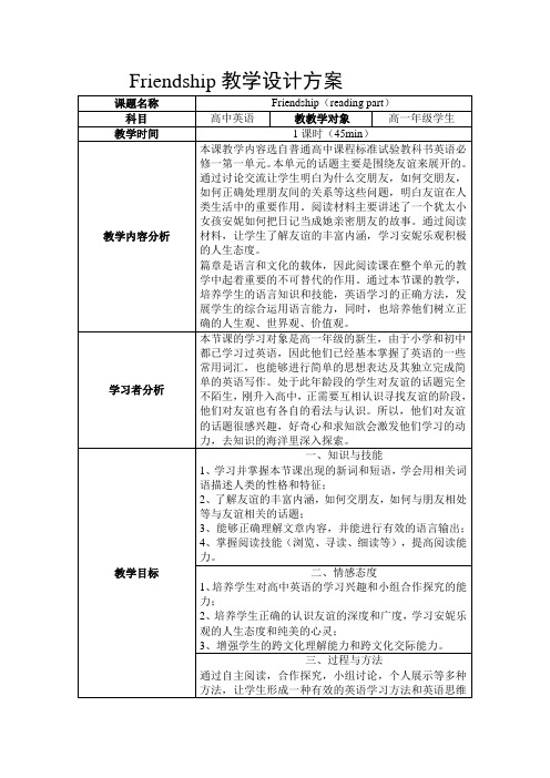 Unit1FriendshipReading教案高中英语人教版必修一