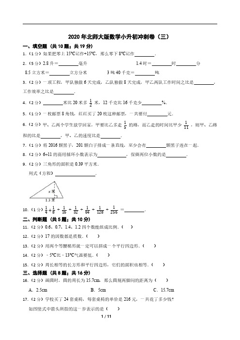 2020年北师大版数学小升初冲刺卷(三)