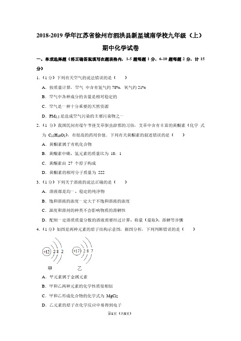 2018-2019学年江苏省徐州市泗洪县新星城南学校九年级(上)期中化学试卷