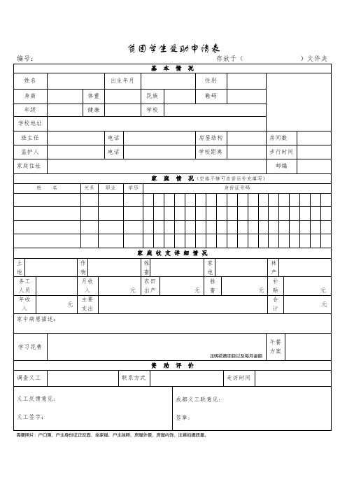 贫困学生受助申请表