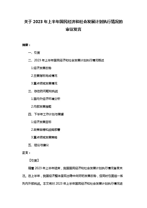 关于2023年上半年国民经济和社会发展计划执行情况的审议发言