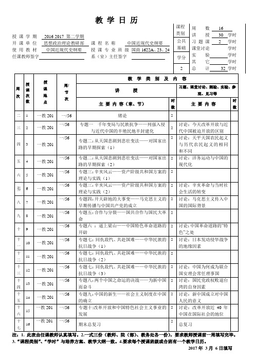 中国近现代史纲要专题化教学日历