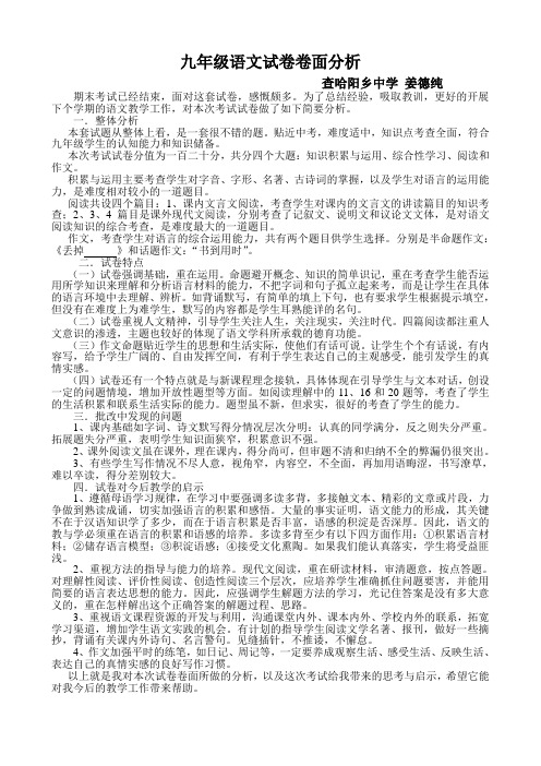 九年级语文试卷卷面分析