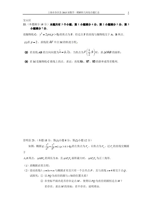 上海市各区县2013届高三数学一模解析几何综合题汇总