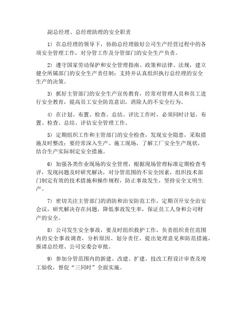 副总经理、总经理助理安全职责