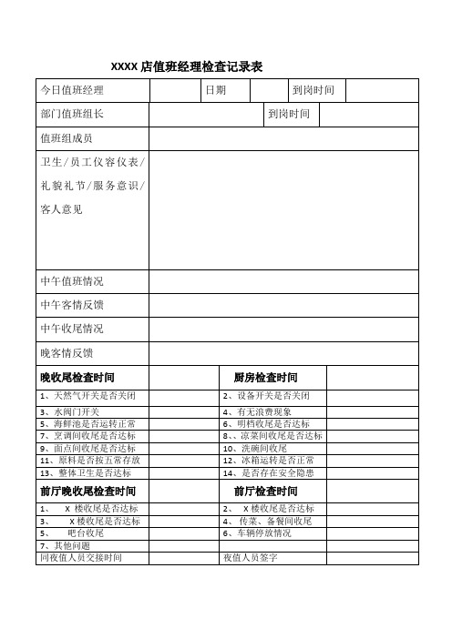 酒店值班经理检查记录表