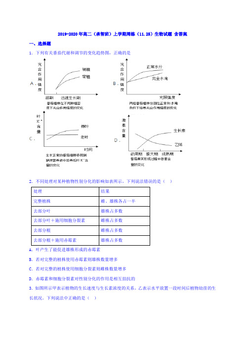 2019-2020年高二(承智班)上学期周练(11.25)生物试题 含答案