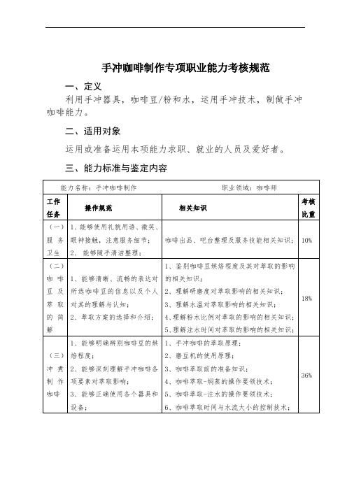 手冲咖啡制作专项职业能力考核规范