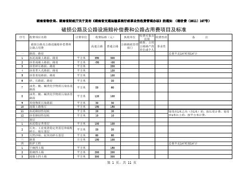 湘价费 号破损公路及公路设施赔补偿费和公路占用费项目及标准