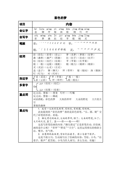 部编小学语文二下《彩色的梦》课堂笔记