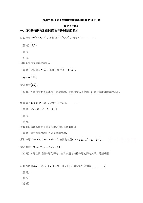 江苏省苏州市2019届高三上学期期中调研考试数学试题 Word版含解析