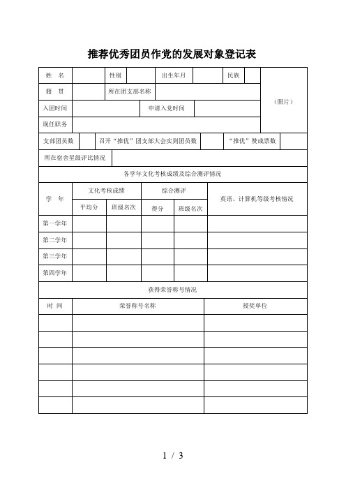 推荐优秀团员作党的发展对象登记表