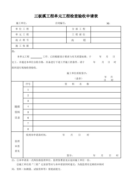 单元工程检查验收申请表