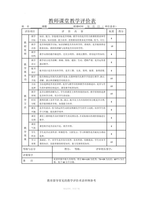 教师课堂教学评价大全(附带评语)