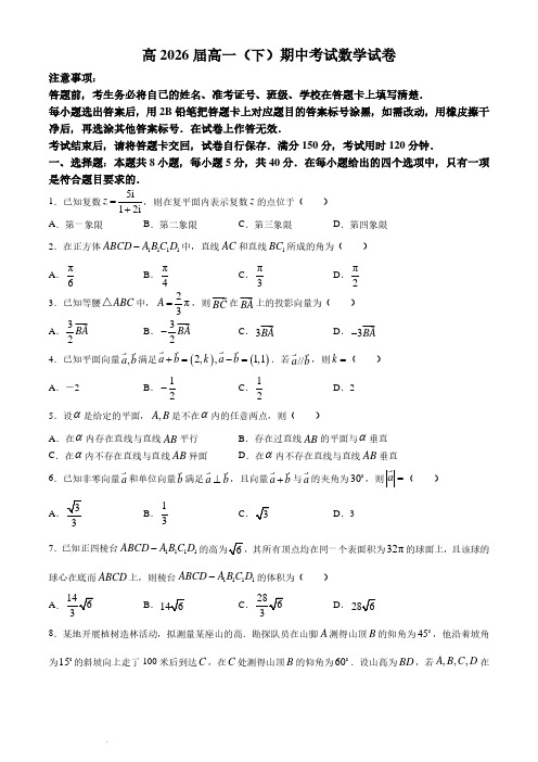 重庆巴蜀中学校2024年高一下学期5月期中考试数学试题+答案