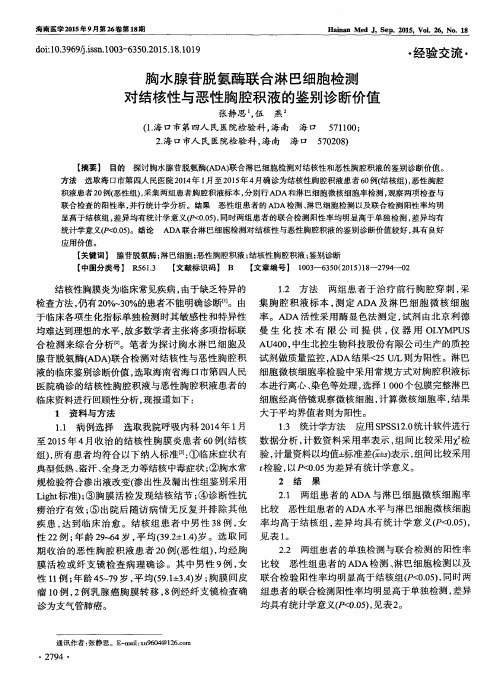 胸水腺苷脱氨酶联合淋巴细胞检测对结核性与恶性胸腔积液的鉴别诊断价值