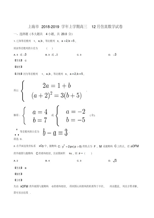 上海市2018-2019学年高三上学期12月仿真数学试题(教师版)