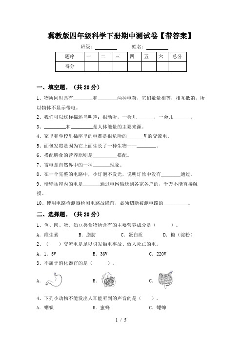 冀教版四年级科学下册期中测试卷【带答案】