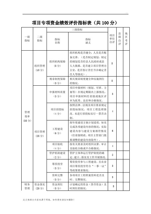 项目专项资金绩效评价指标