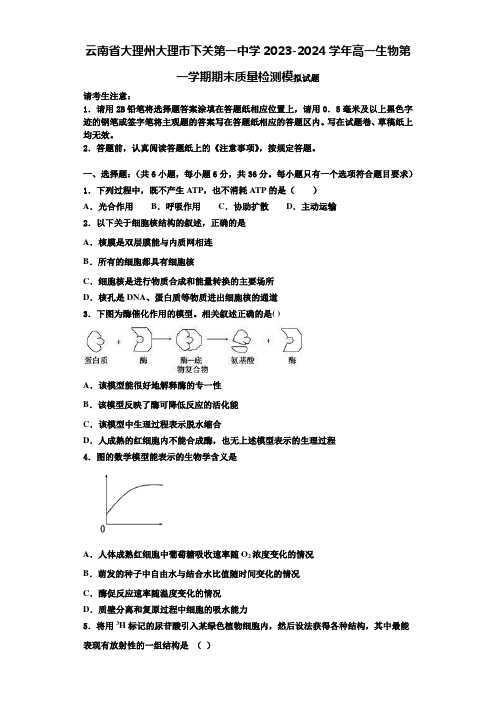 云南省大理州大理市下关第一中学2023-2024学年高一生物第一学期期末质量检测模拟试题含解析