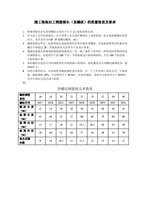 施工现场加工钢筋接头(直螺纹)的质量检查及要求