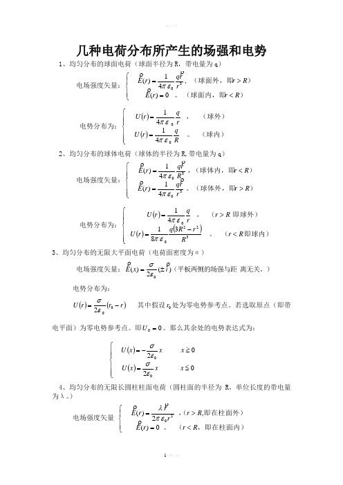 几种典型带电体的场强和电势公式