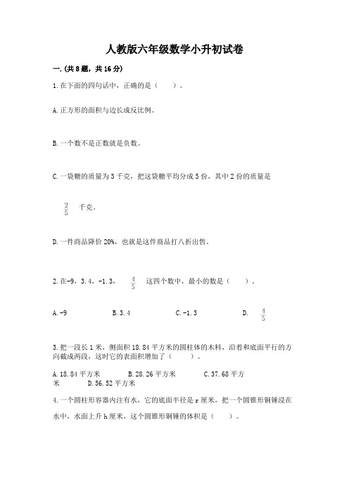 人教版六年级数学小升初试卷附完整答案(全优)