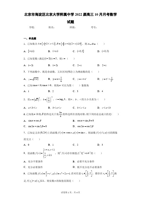 北京市海淀区北京大学附属中学2022届高三10月月考数学试题(含答案解析)