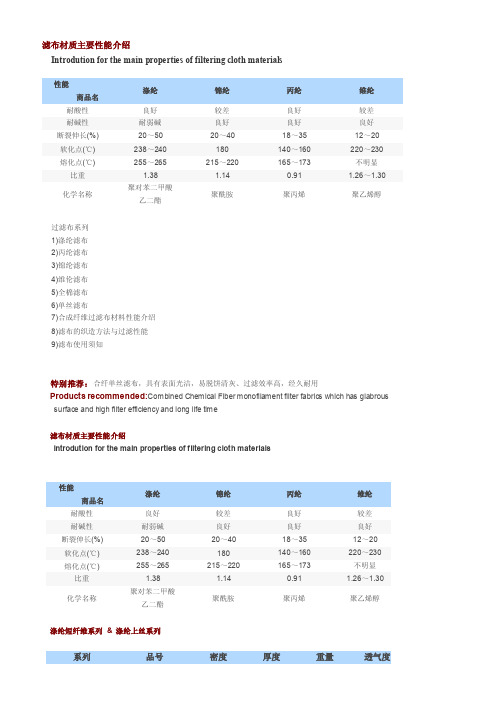 滤布材质主要性能介绍