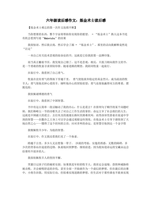 六年级读后感作文：炼金术士读后感