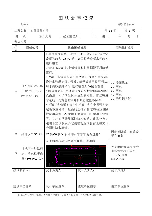 图 纸 会 审 记 录(给排水)