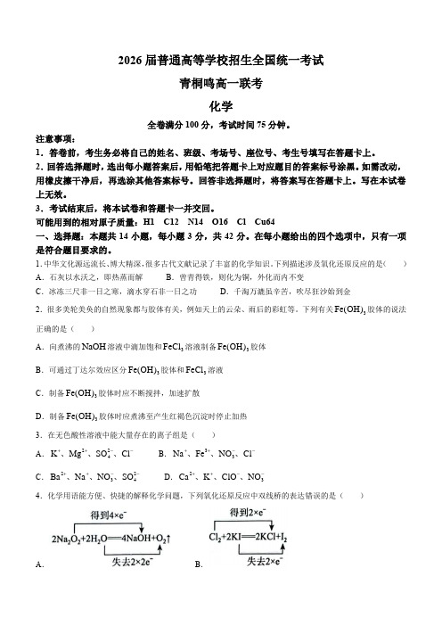 河南省青桐鸣大联考2023-2024学年高一上学期12月月考试题化学