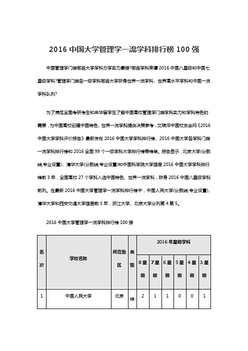 2016中国大学管理学一流学科排行榜100强