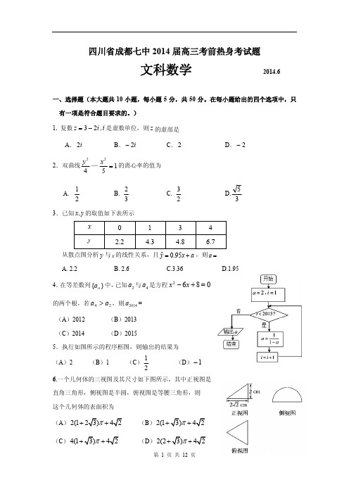 四川省成都七中2014届高三考前热身考试文科数学试题(含答案解析)(2014.06)