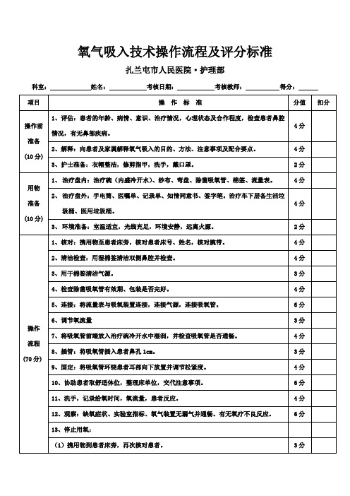 氧气吸入技术操作流程及评分标准