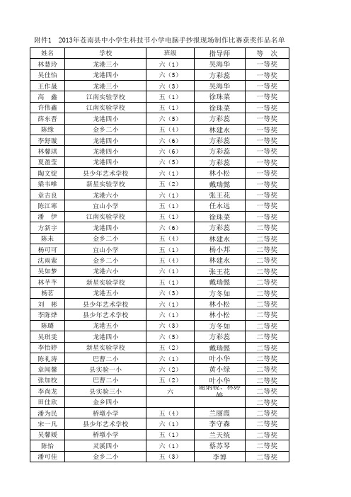 13年苍南县小学生科技节七巧科技获奖选手名单3