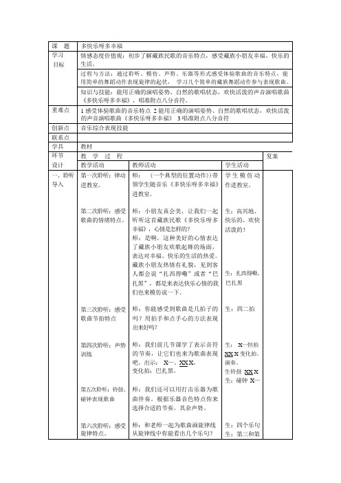 一年级下册音乐教案   第四单元 唱歌  多快乐啊多幸福｜人教版