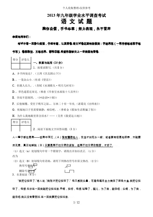 山东济南2013届九年级学业水平调查考试语文试题