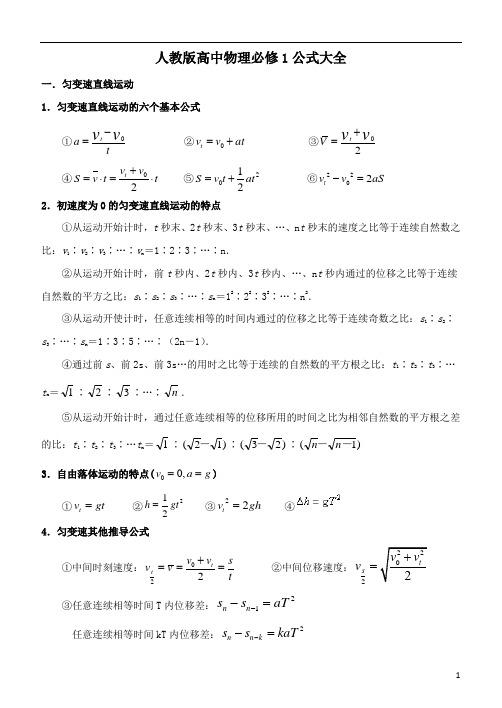 (完整版)人教版高中物理必修一公式大全