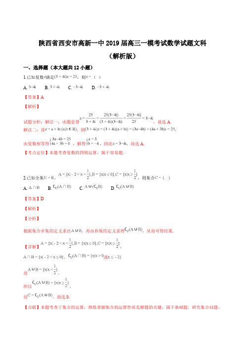 陕西省西安市高新一中2019届高三一模考试数学(文)试题(精品解析)