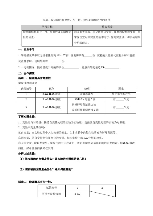 苏教版(2019)必修一  3-1 实验：验证酶的高效性、专一性、探究影响酶活性的条件  学案