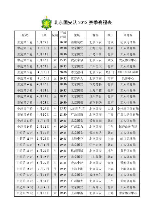 2013赛季北京国安赛程表(完整打印版)