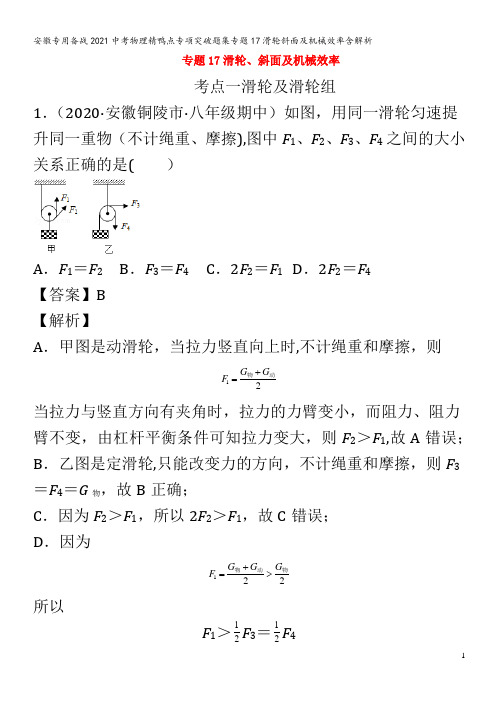 2021中考物理题集专题17滑轮斜面及机械效率含解析