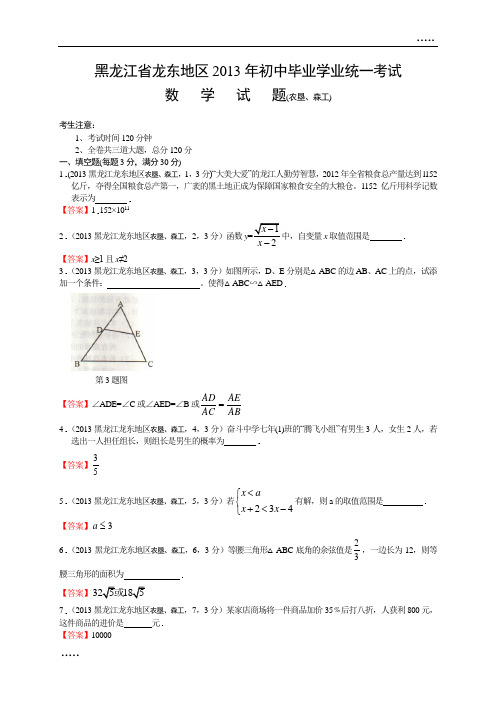 2013年黑龙江龙东(农垦、森工)地区中考数学试卷及答案(word解析版)