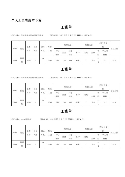 个人工资表范本5篇