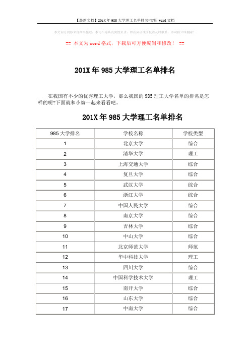 【最新文档】201X年985大学理工名单排名-实用word文档 (5页)