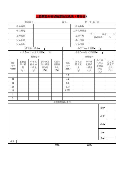 土的颗粒分析试验原始记录表(筛分法)