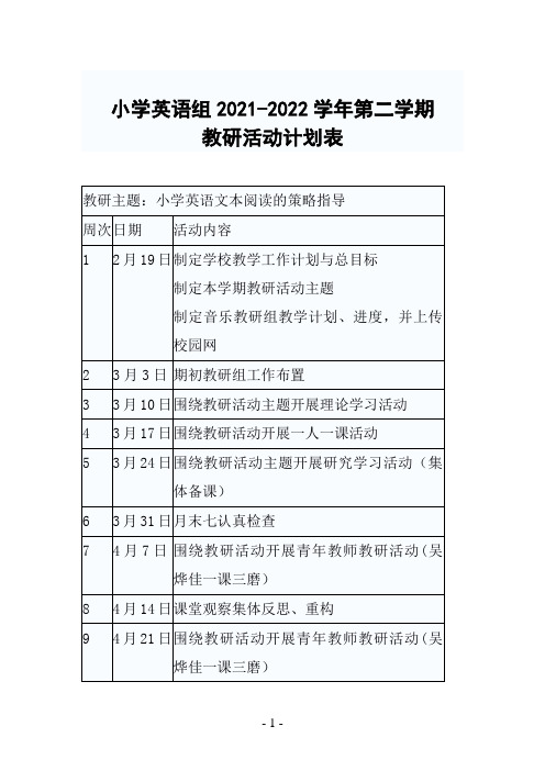 小学英语组2021-2022学年第二学期教研活动计划表